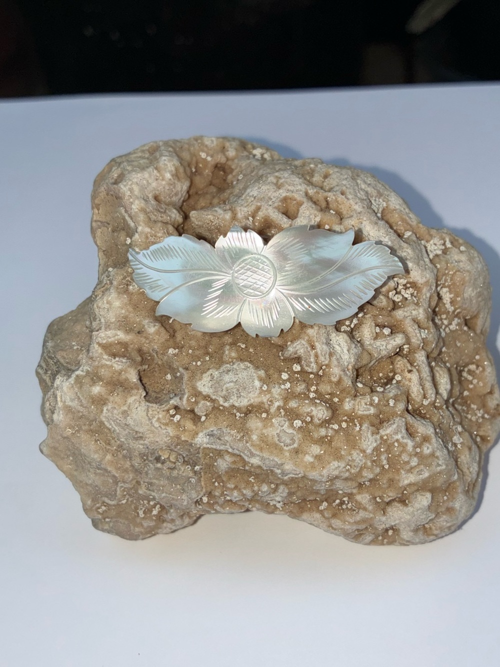 Mother of Pearl White Floral Vintage Handcarved Brooch with C-clasp #pearl